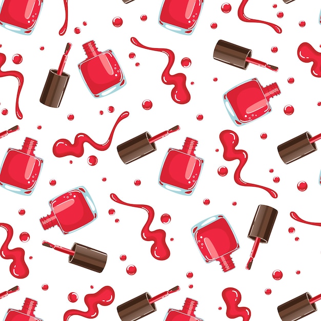 Patrón sin costuras vectorial de botellas de esmalte de uñas rojo, pinceles y salpicaduras sobre un fondo blanco