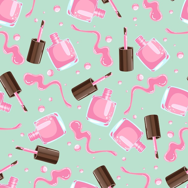 Patrón sin costuras vectorial de botellas de esmalte de uñas rosas, pinceles y salpicaduras en un fondo de menta