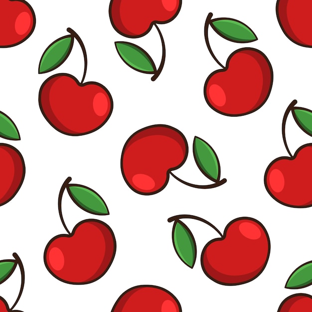 Patrón sin costuras vectorial de cereza Bayas rojas con hojas verdes sobre fondo blanco
