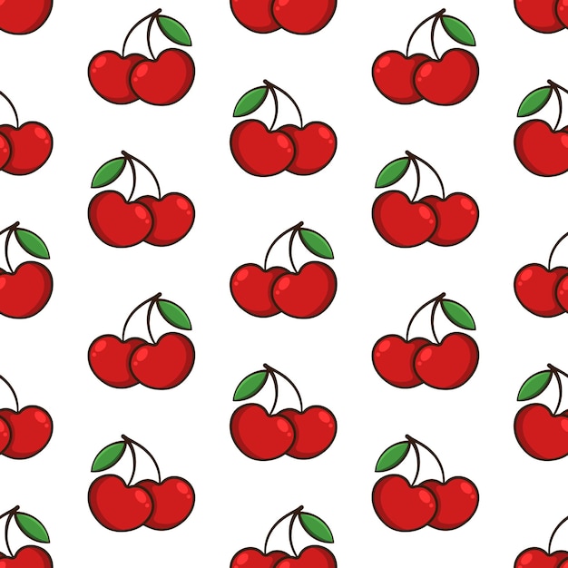 Patrón sin costuras vectorial de cereza Bayas rojas con hojas verdes sobre fondo blanco