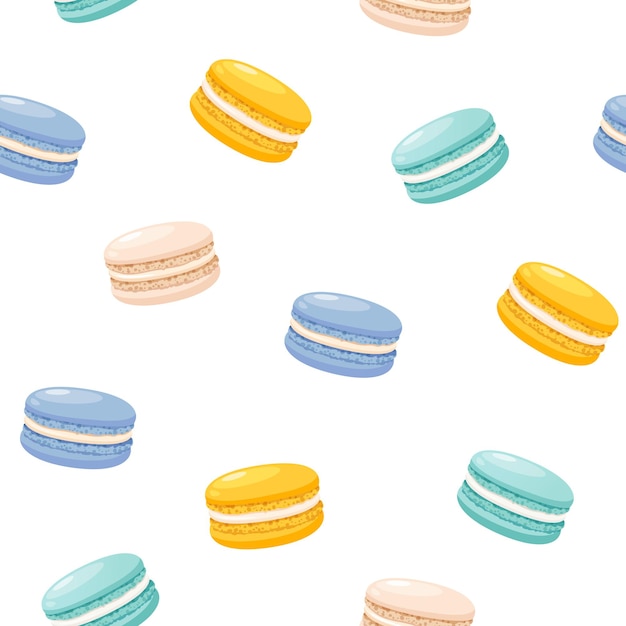 Patrón sin costuras vectorial con coloridos macarrones franceses en un fondo blanco