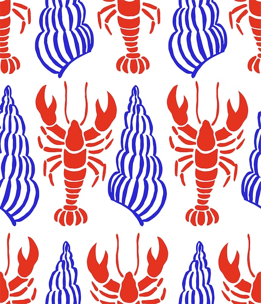Patrón sin costuras vectorial con conchas langostas impresión mediterránea