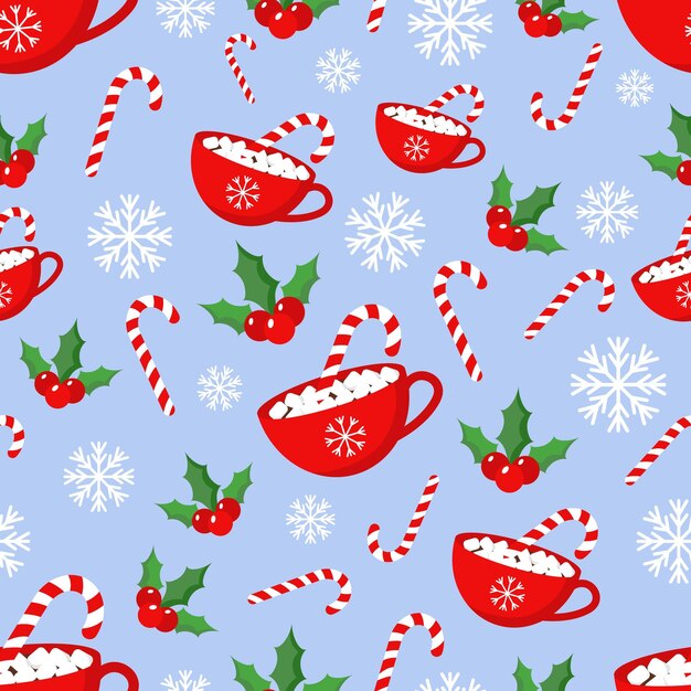 Patrón sin costuras vectorial con copas de cacao rojas, caramelos de caña, copos de nieve y plantas de Navidad