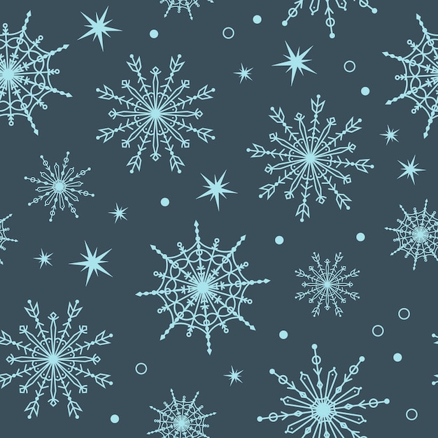 Patrón sin costuras vectorial con copos de nieve y estrellas sobre un fondo azul