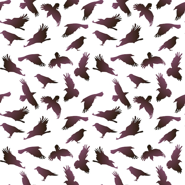 Patrón sin costuras vectorial con cuervos voladores en un fondo blanco pájaros púrpuras místicos