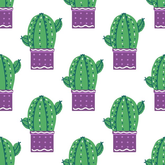 Patrón sin costuras vectorial dibujado a mano de cactus en una olla de cerámica de colores