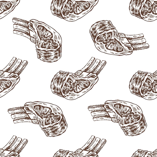 Patrón sin costuras vectorial dibujado a mano de carne de cerdo, res, cordero, costillas, pedazo de carne, boceto vintage de Doodle
