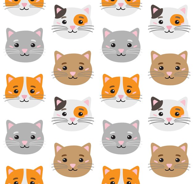 Patrón sin costuras vectorial de diferentes caras de gato