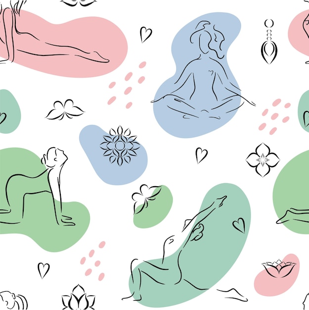 Patrón sin costuras vectorial en estilo de arte de línea de mujer haciendo yoga con elementos de diseño decorativos