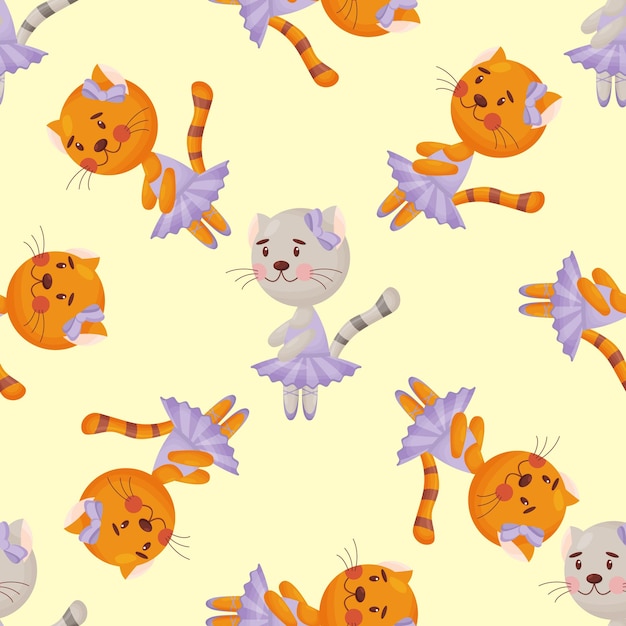 Patrón sin costuras vectorial en estilo infantil con una bailarina gato Ilustración vectorial