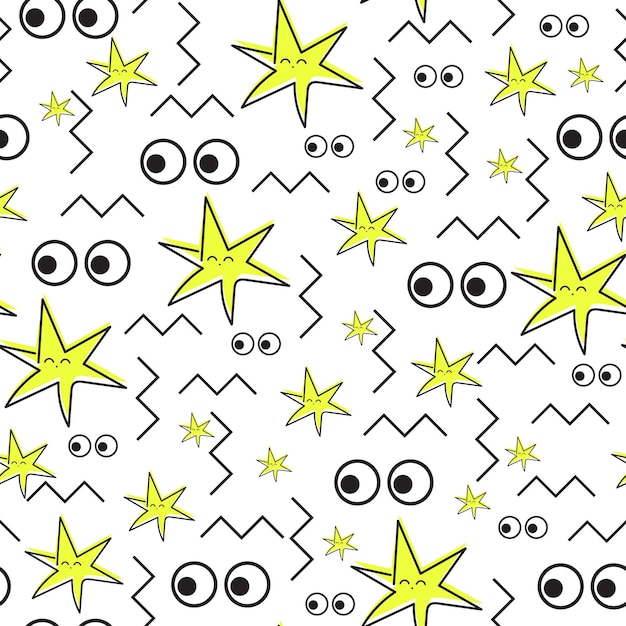 Patrón sin costuras vectorial con estrellas amarillas ojos en zigzag sobre un fondo blanco