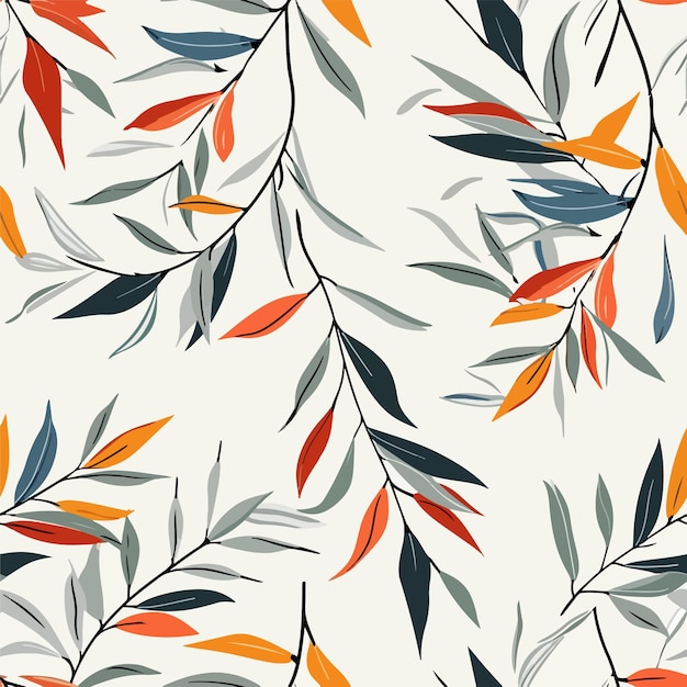 Patrón sin costuras vectorial floral multicolor Hojas de sauce llorón sobre un fondo gris claro