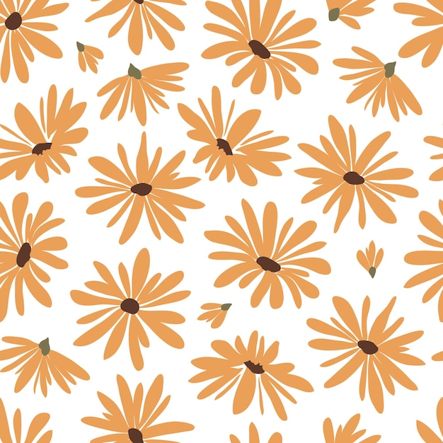 Patrón sin costuras vectorial con flores de color naranja dibujadas a mano sobre un fondo blanco
