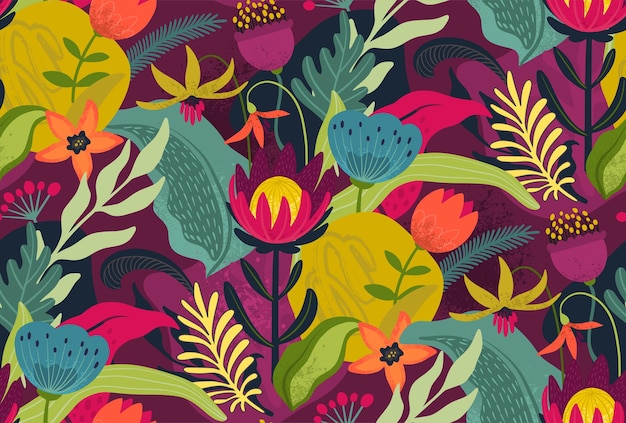 Patrón sin costuras vectorial con flores y hojas brillantes Fondo floral sin fin