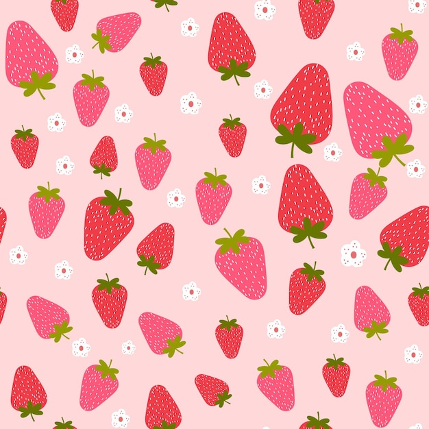 Patrón sin costuras vectorial con fresas en fondo rosa