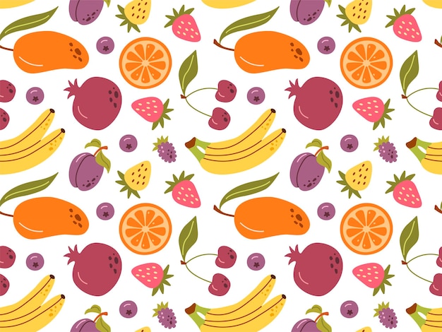Patrón sin costuras vectorial de frutas y bayas de colores Impresión de verano con frutas dibujadas a mano Impresión tropical