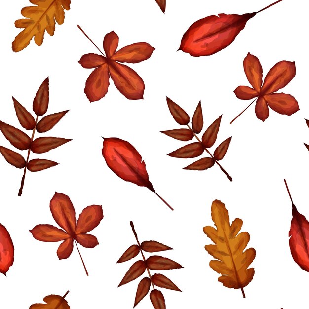Patrón sin costuras vectorial de hojas secas de otoño de color naranja y marrón