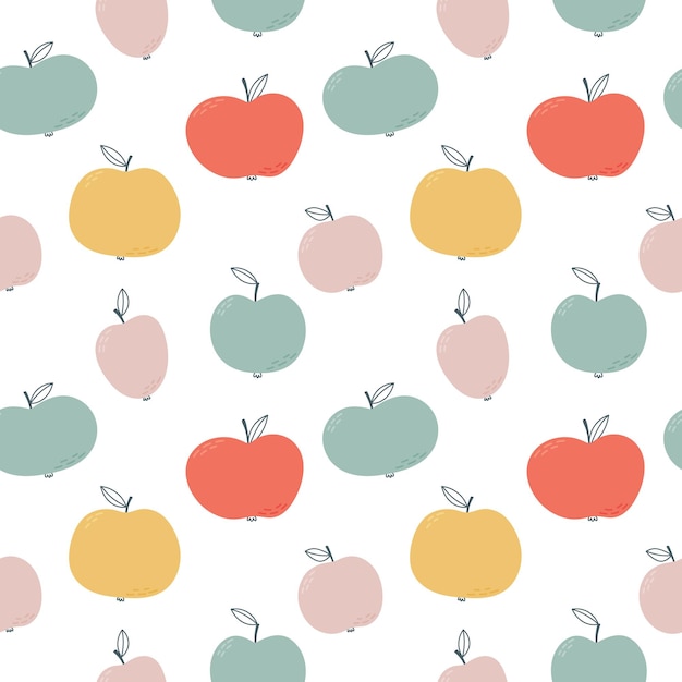 Vector patrón sin costuras vectorial infantil con adorables manzanas de colores dibujadas a mano limitadas a una paleta neutral de género