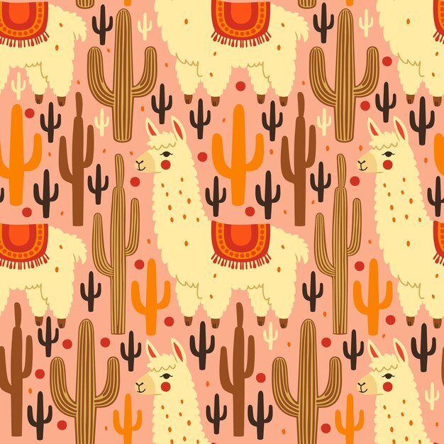 Patrón sin costuras vectorial con lama y cactus