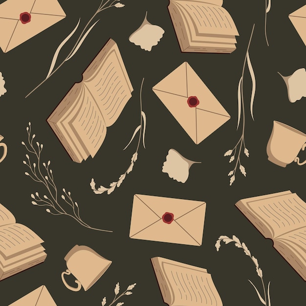 Patrón sin costuras vectorial con libros, plantas y sobres Patrón académico oscuro
