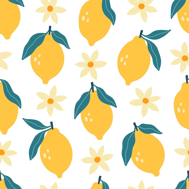 Patrón sin costuras vectorial con limones y flores de limón sobre un fondo blanco