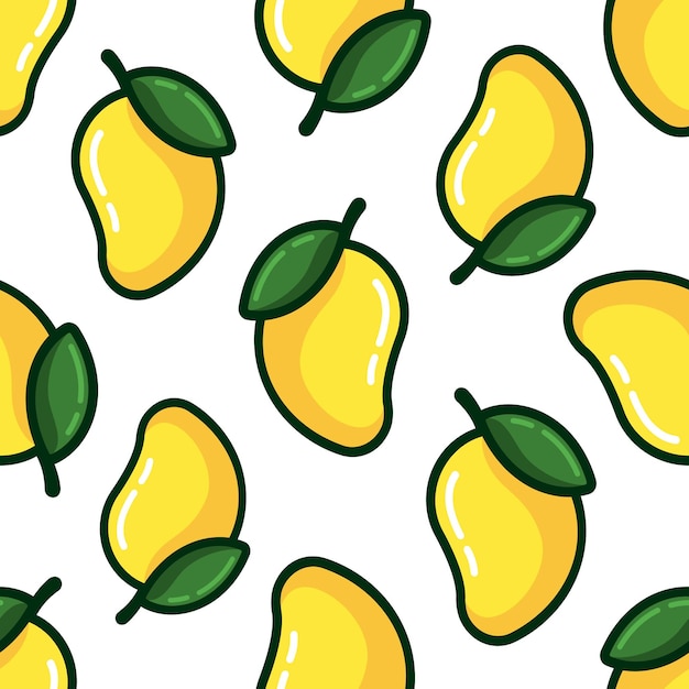 Patrón sin costuras vectorial de mango Frutas amarillas y hojas verdes con contorno negro sobre fondo blanco