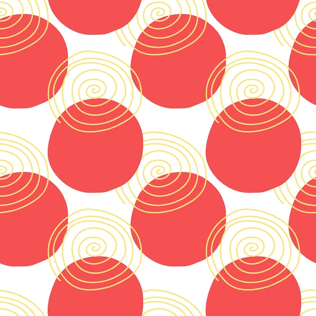 Patrón sin costuras vectorial multicolor con ornamento geométrico abstracto círculo rojo y espiral amarilla