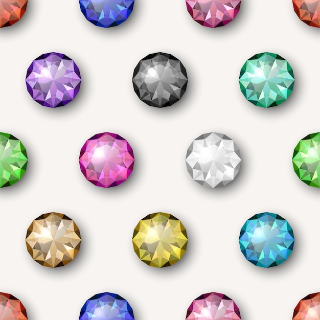 Patrón sin costuras vectorial con múltiples colores 3d realista redondo transparente brillantes piedras preciosas diamantes cristales rinocerontes de primer plano en fondo blanco plantilla de diseño conceptual de joyas