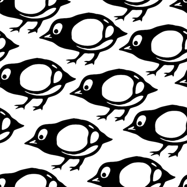 Patrón sin costuras vectorial con pájaros lindos estilo grabado en madera de cordel brasileño en blanco y negro