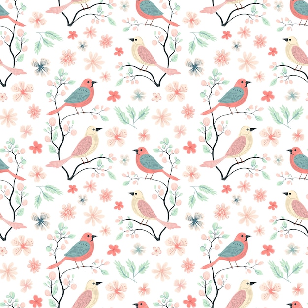 Patrón sin costuras vectorial con pájaros lindos fondos de primavera en estilo popular estampado romántico vintage