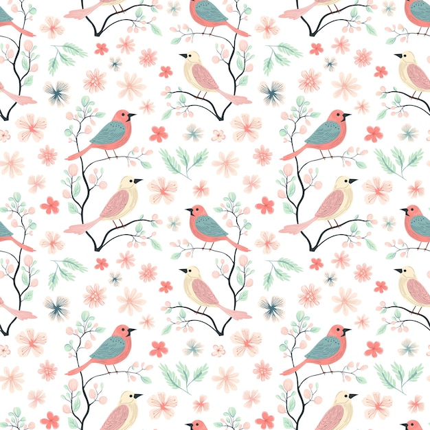 Vector patrón sin costuras vectorial con pájaros lindos fondos de primavera en estilo popular estampado romántico vintage