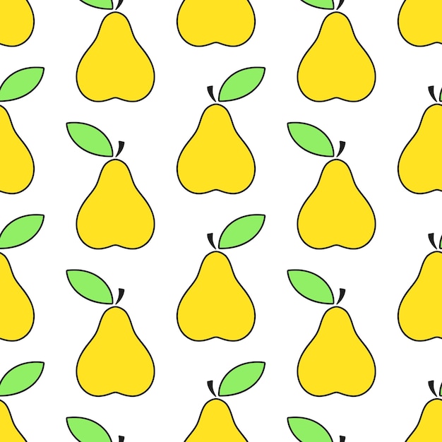 Patrón sin costuras vectorial de peras Frutas amarillas y hojas verdes con contorno negro sobre fondo blanco