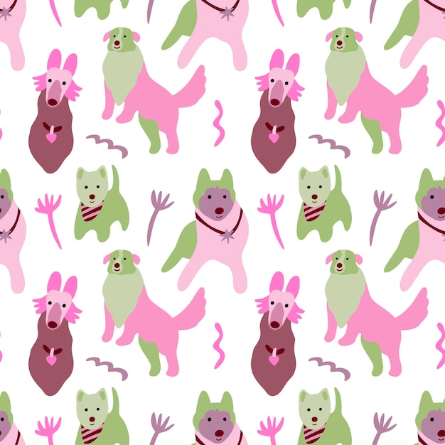 Patrón sin costuras vectorial con perros lindos de diferentes razas en colores rosa y verde