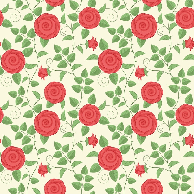 Patrón sin costuras vectorial con rosas trepadoras rojas