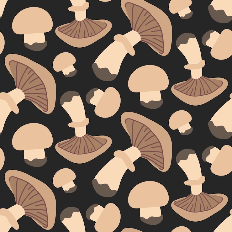 Vector patrón sin costuras vectorial con setas champignon sobre un fondo oscuro textura sin costuras dibujada a mano