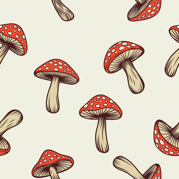 Patrón sin costuras vectorial con setas de dibujos animados dibujados a mano en un fondo blanco Amanita Muscaria Fly Agaric Mushroom Diseño de plantilla Impresión vegetal sin costuras con setas mágicas