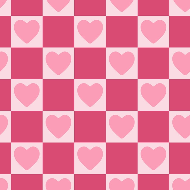 Patrón sin costuras vectorial con un tablero de ajedrez y corazones rosados