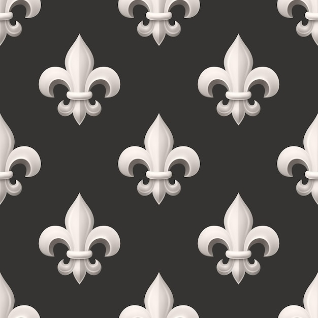 Patrón sin costuras vectorial con Vintage 3d Realista Flor Blanca De Lis Primer plano en fondo negro Lirio heráldico Ilustración vectorial de vista delantera