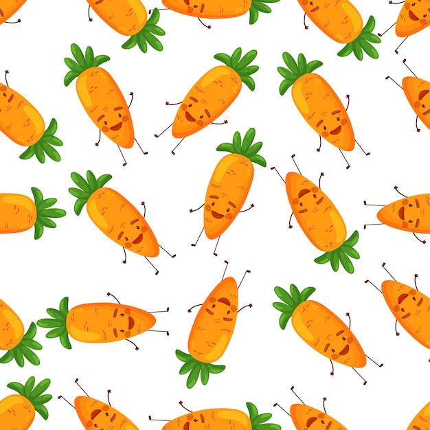 Patrón sin costuras vectorial de zanahorias con lindos personajes vegetales en fondo a rayas