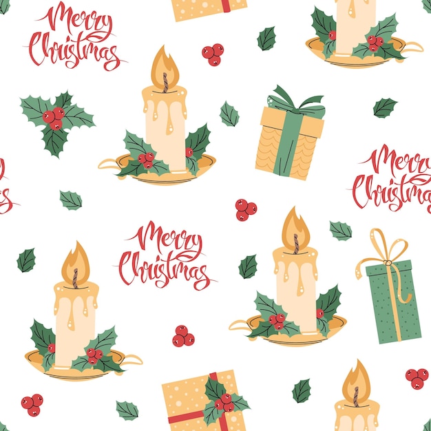 Patrón sin costuras con vela de Navidad decorada con textura de vacaciones de holly vector en estilo plano