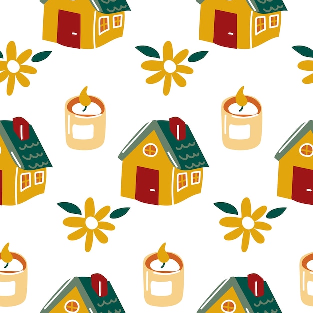 Patrón sin costuras con velas acogedoras de dibujos animados una casa y una flor de estilo retro impresión vectorial acogedora