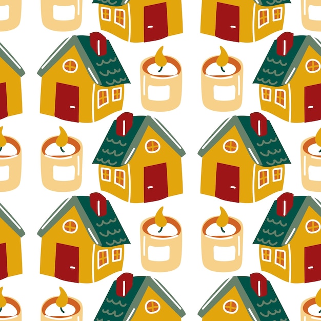 Patrón sin costuras con velas acogedoras de dibujos animados y una pequeña casa en estilo retro Vector de fondo acogedor