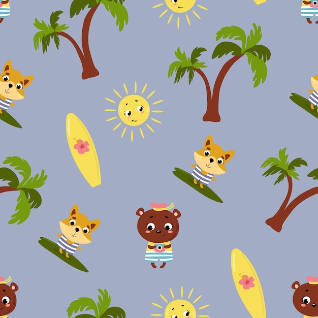 Patrón sin costuras de verano con animales Diseño para embalaje de papel tapiz textil de tela