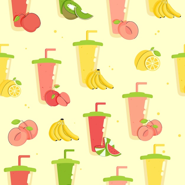 Patrón sin costuras de verano con batido. Establecer frutas frías bebidas saludables vitamina jugo vector batido.