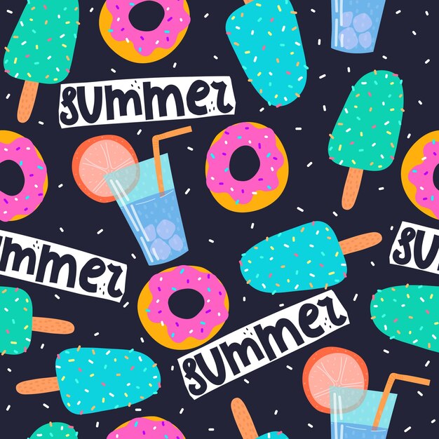 patrón sin costuras de verano con dibujos animados de helado cóctel donuts letras de dibujo a mano