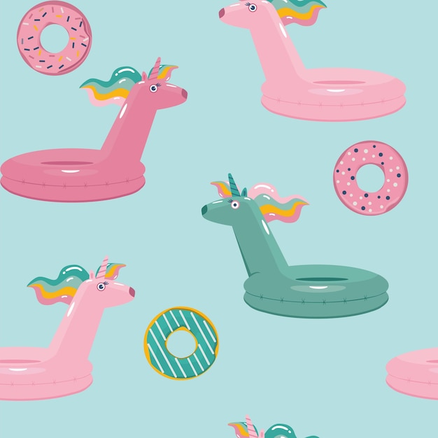 Patrón sin costuras de verano con donuts y flotadores de unicornio de natación ilustración vectorial