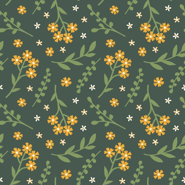 Patrón sin costuras de verano con flores amarillas sobre fondo verde en estilo plano