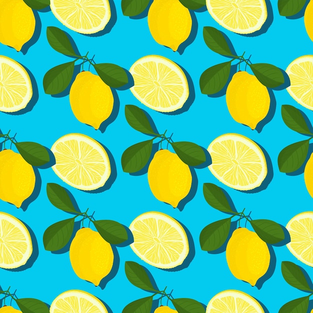 Patrón sin costuras de verano mínimo de moda con limón de fruta fresca en rodajas enteras sobre fondo de color