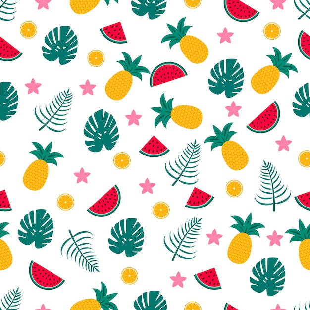 Patrón sin costuras de verano con sandías, piñas y hojas de palma Fondo vectorial estacional Plantilla fácil de editar con póster, tarjeta, pancarta, volante, pegatina, ropa de tela