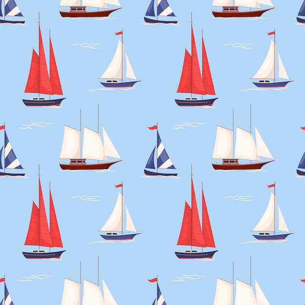 Patrón sin costuras de verano con velero de dibujos animados en azul Diseño interminable marino para textiles de tela impresa